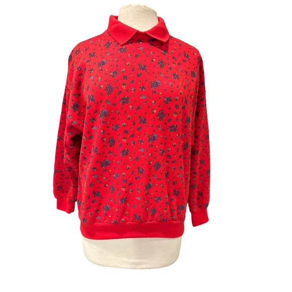 Koret Red Floral Print Collared Pullover Sweater M - Picture 1 of 8